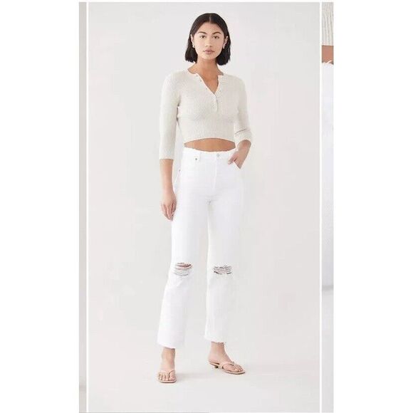 Rollas Jeans Original High‎ Rise Straight White Distressed Australian Size 29 - Picture 1 of 12